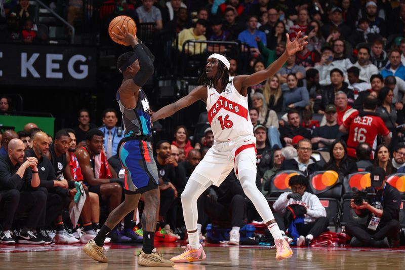 TORONTO, CANADA - MARCH 25: Mouhamadou Gueye #16 of the Toronto Raptors plays defense during the game against the Brooklyn Nets on March 25, 2024 at the Scotiabank Arena in Toronto, Ontario, Canada.  NOTE TO USER: User expressly acknowledges and agrees that, by downloading and or using this Photograph, user is consenting to the terms and conditions of the Getty Images License Agreement.  Mandatory Copyright Notice: Copyright 2024 NBAE (Photo by Vaughn Ridley/NBAE via Getty Images)