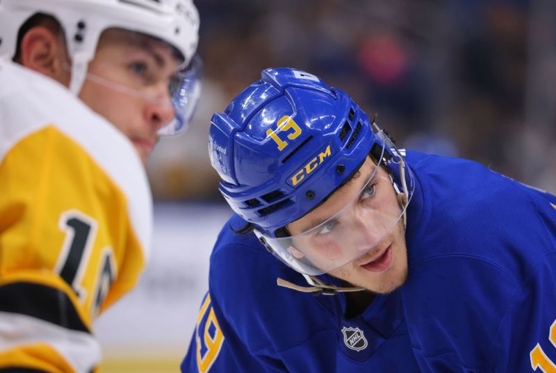 Sep 21, 2024; Buffalo, New York, USA;  Buffalo Sabres center Peyton Krebs (19) waits for the face-off during the second period against the Pittsburgh Penguins at KeyBank Center. Mandatory Credit: Timothy T. Ludwig-Imagn Images