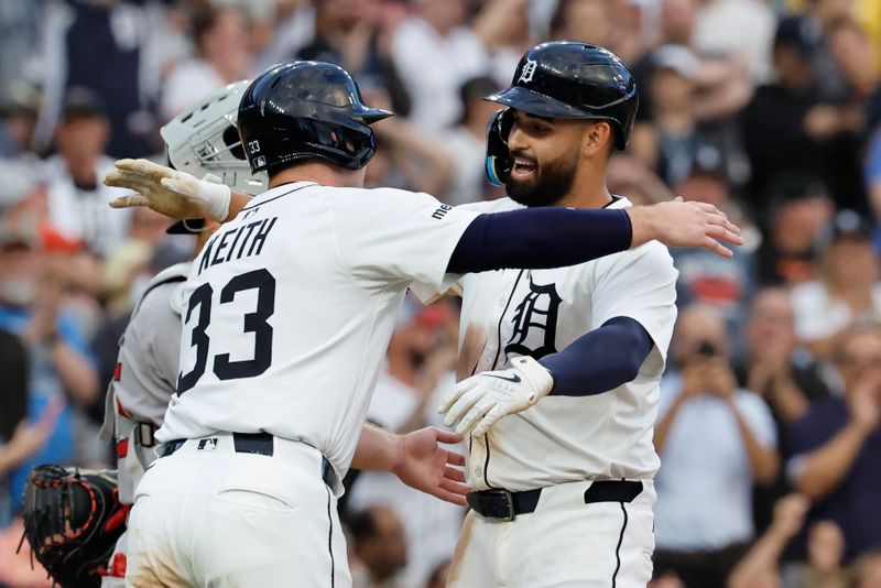 May 14, 2025; Detroit, Michigan, USA;  Detroit Tigers outfielder Riley Greene (31) receives congratulations from second baseman Colt Keith (33) after he hits a two run home run in the sixth inning against the Boston Red Sox at Comerica Park. Mandatory Credit: Rick Osentoski-Imagn Images