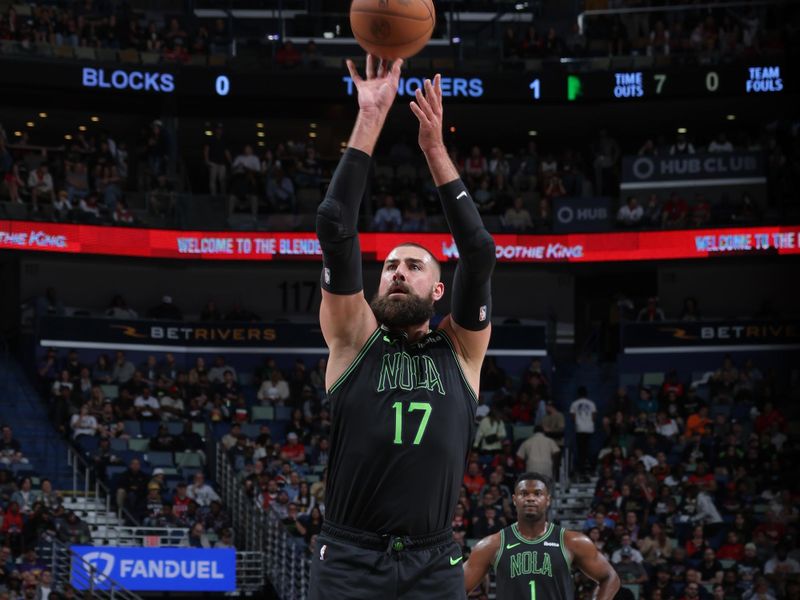 NEW ORLEANS, LA - MARCH 26: Jonas Valanciunas #17 of the New Orleans Pelicans shoots a free throw during the game on March 26, 2024 at the Smoothie King Center in New Orleans, Louisiana. NOTE TO USER: User expressly acknowledges and agrees that, by downloading and or using this Photograph, user is consenting to the terms and conditions of the Getty Images License Agreement. Mandatory Copyright Notice: Copyright 2024 NBAE (Photo by Jonathan Bachman/NBAE via Getty Images)