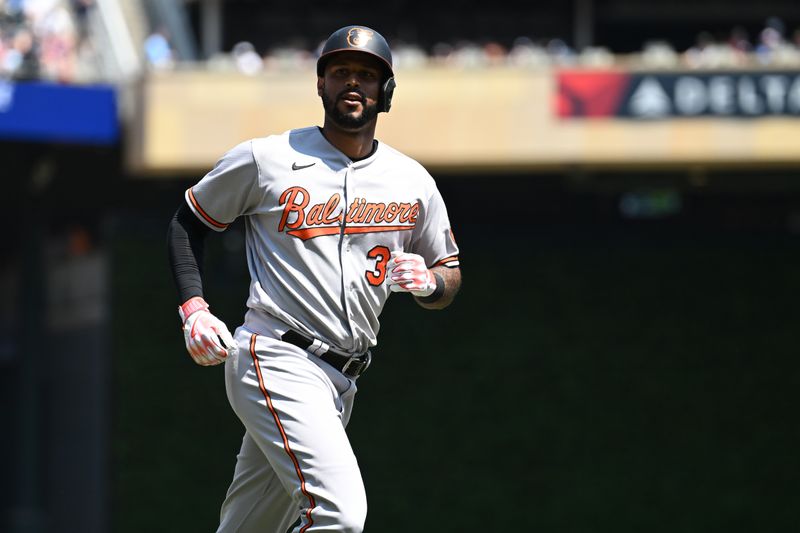 Jul 9, 2023; Minneapolis, Minnesota, USA; Baltimore Orioles designated hitter Aaron Hicks (34) looks to the crowd after hitting a three-run home run off Minnesota Twins relief pitcher Jovani Moran (not pictured) during the fifth inning at Target Field. Mandatory Credit: Jeffrey Becker-USA TODAY Sports