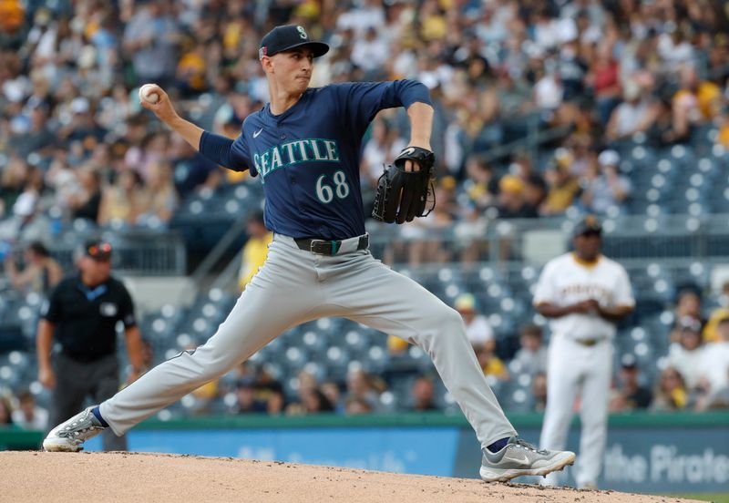 Aug 18, 2024; Pittsburgh, Pennsylvania, USA;  Seattle Mariners starting pitcher George Kirby (68) delivers a pitch against the Pittsburgh Pirates during the first inning at PNC Park. Mandatory Credit: Charles LeClaire-USA TODAY Sports