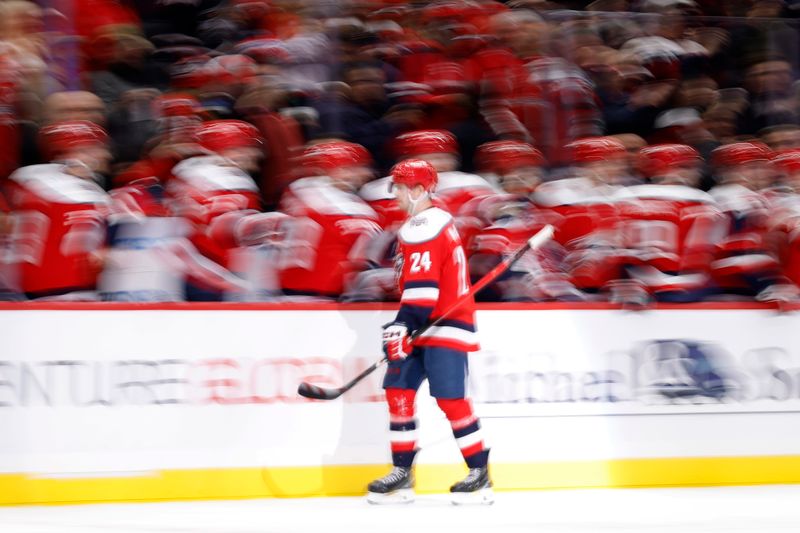 Nov 28, 2025; Washington, District of Columbia, USA; Washington Capitals center Connor McMichael (24) celebrates with teammates after scoring a goal against the Toronto Maple Leafs during the second period at Capital One Arena. Mandatory Credit: Geoff Burke-Imagn Images