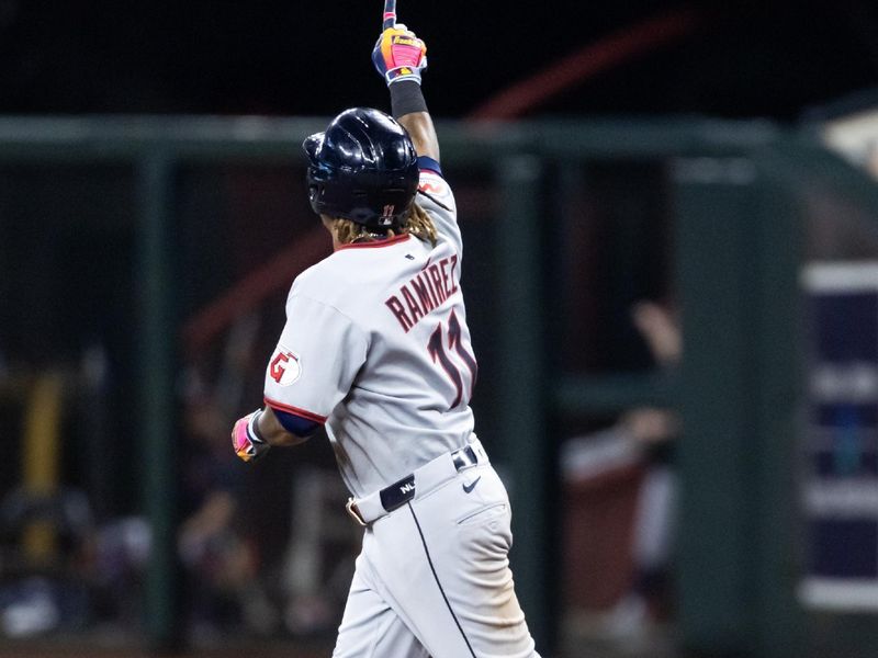 Aug 19, 2025; Phoenix, Arizona, USA; Cleveland Guardians third baseman Jose Ramirez rounds the bases after hitting a home run against the Arizona Diamondbacks at Chase Field. Mandatory Credit: Mark J. Rebilas-Imagn Images