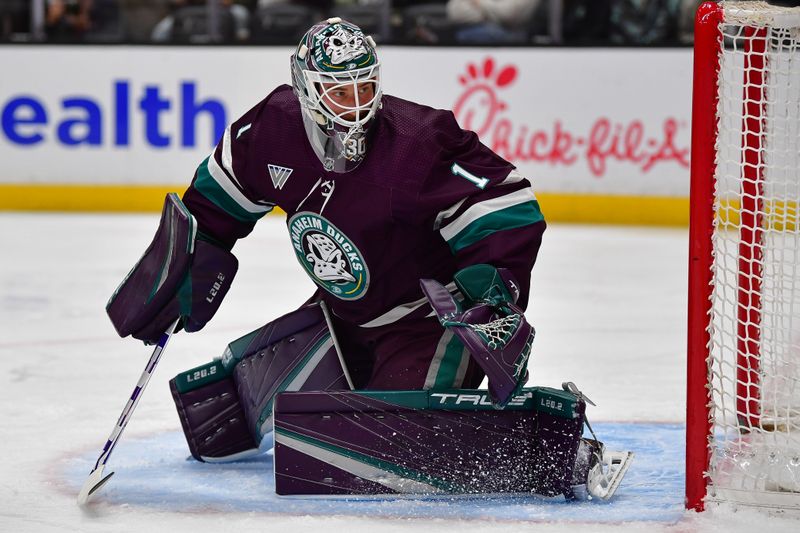 Apr 5, 2024; Anaheim, California, USA; Anaheim Ducks goaltender Lukas Dostal (1) defends the goal against the Seattle Kraken during the first period at Honda Center. Mandatory Credit: Gary A. Vasquez-USA TODAY Sports