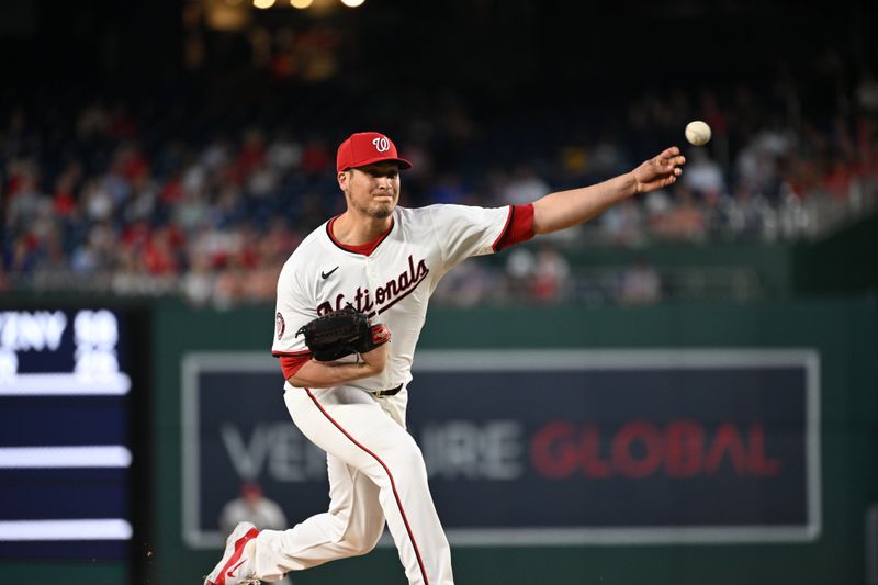 Jul 1, 2024; Washington, District of Columbia, USA; Washington Nationals relief pitcher Robert Garcia (61) throws a pitch against the New York Mets during the seventh inning at Nationals Park. Mandatory Credit: Rafael Suanes-USA TODAY Sports