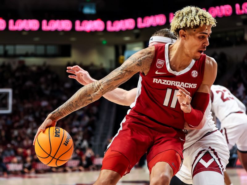 Feb 4, 2023; Columbia, South Carolina, USA; Arkansas Razorbacks forward Jalen Graham (11) drives around South Carolina Gamecocks forward Hayden Brown (10) in the first half at Colonial Life Arena. Mandatory Credit: Jeff Blake-USA TODAY Sports