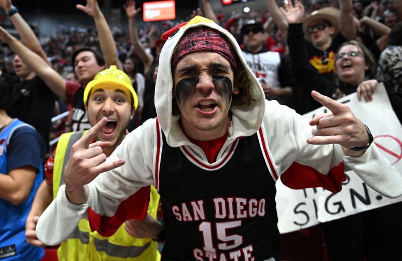 Jan 25, 2023; San Diego, California, USA; San Diego State Aztecs fans react during the first half against the Utah State Aggies at Viejas Arena. Mandatory Credit: Orlando Ramirez-USA TODAY Sports