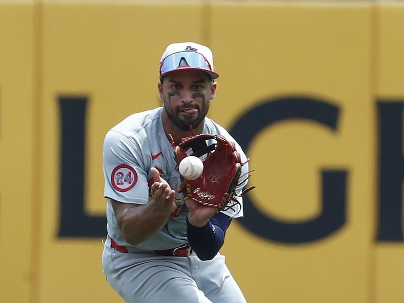 Jul 4, 2024; Pittsburgh, Pennsylvania, USA; St. Louis Cardinals second baseman José Fermín (15) fields a ground ball for an out against Pittsburgh Pirates right fielder Connor Joe (not pictured) during the first inning at PNC Park. Mandatory Credit: Charles LeClaire-USA TODAY Sports