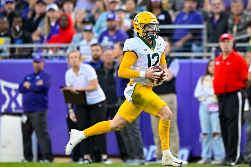 Nov 18, 2023; Fort Worth, Texas, USA; Baylor Bears quarterback Blake Shapen (12) runs with the ball against the TCU Horned Frogs during the second half at Amon G. Carter Stadium. Mandatory Credit: Jerome Miron-USA TODAY Sports