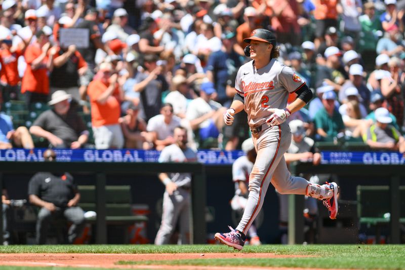 Jul 4, 2024; Seattle, Washington, USA; Baltimore Orioles shortstop Gunnar Henderson (2) runs towards home plate after hitting a 2-run home run against the Seattle Mariners during the third inning at T-Mobile Park. Mandatory Credit: Steven Bisig-USA TODAY Sports