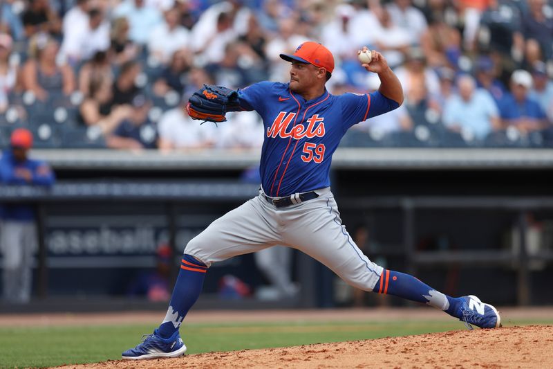 Mar 25, 2024; Tampa, Florida, USA;  New York Mets relief pitcher Sean Manaea (59) throws a pitch against the New York Yankees in the second inning at George M. Steinbrenner Field. Mandatory Credit: Nathan Ray Seebeck-USA TODAY Sports