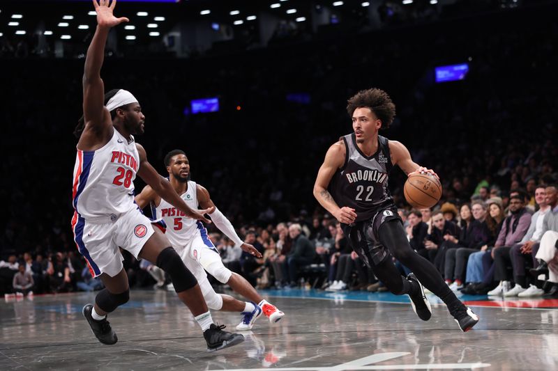 BROOKLYN, NY - JANUARY 8: Jalen Wilson #22 of the Brooklyn Nets drives to the basket during the game against the Detroit Pistons on January 8, 2025 at Barclays Center in Brooklyn, New York. NOTE TO USER: User expressly acknowledges and agrees that, by downloading and or using this Photograph, user is consenting to the terms and conditions of the Getty Images License Agreement. Mandatory Copyright Notice: Copyright 2025 NBAE (Photo by Brandon Todd/NBAE via Getty Images)