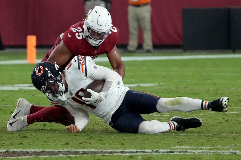 Arizona Cardinals linebacker Zaven Collins (25) sacks Chicago Bears quarterback Caleb Williams (18) during the second half of an NFL football game, Sunday, Nov. 3, 2024, in Glendale, Ariz. (AP Photo/Rick Scuteri)