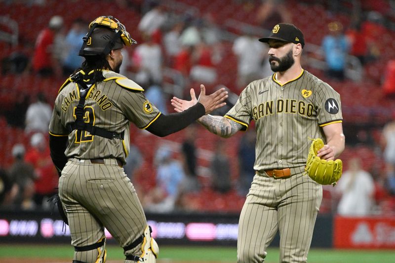 Aug 27, 2024; St. Louis, Missouri, USA;  San Diego Padres relief pitcher Tanner Scott (66) celebrated with catcher Luis Campusano (12) after the Padres defeated the St. Louis Cardinals at Busch Stadium. Mandatory Credit: Jeff Curry-USA TODAY Sports
