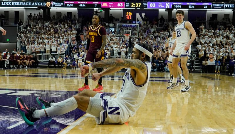 Mar 9, 2024; Evanston, Illinois, USA; Northwestern Wildcats guard Boo Buie (0) celebrates his basket against the Minnesota Golden Gophers during the second half at Welsh-Ryan Arena. Mandatory Credit: David Banks-USA TODAY Sports