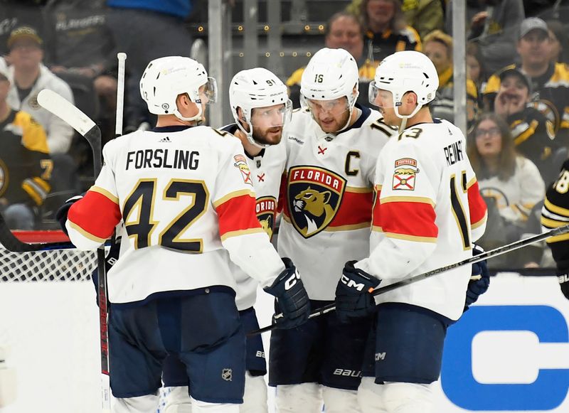 Apr 6, 2024; Boston, Massachusetts, USA; Florida Panthers center Aleksander Barkov (16) celebrates his goal with his teammates during the third period against the Boston Bruins at TD Garden. Mandatory Credit: Bob DeChiara-USA TODAY Sports