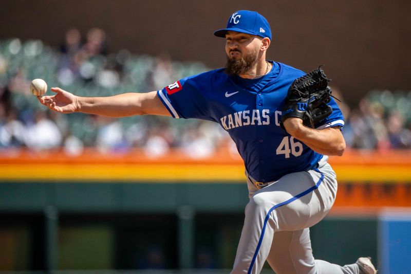 Apr 26, 2024; Detroit, Michigan, USA; Kansas City Royals pitcher John Schreiber (46) throws  in the eighth inning against the Detroit Tigers at Comerica Park. Mandatory Credit: David Reginek-USA TODAY Sports