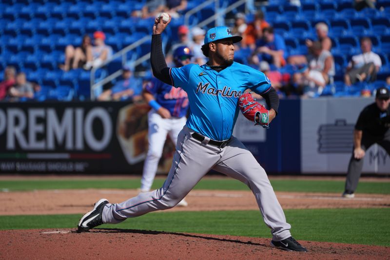 Feb 27, 2024; Port St. Lucie, Florida, USA;  Miami Marlins pitcher Anderson Pilar pitches against the New York Mets in the seventh inning at Clover Park. Mandatory Credit: Jim Rassol-USA TODAY Sports