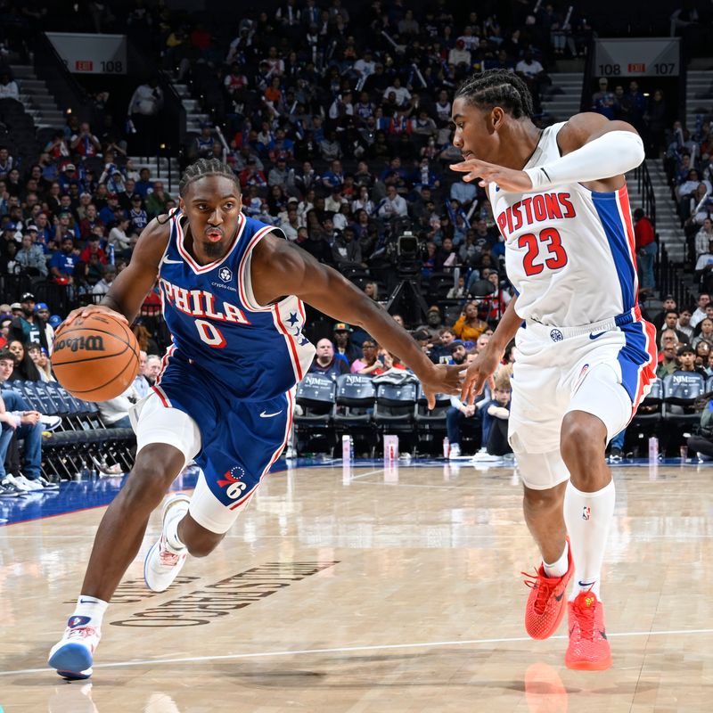 PHILADELPHIA, PA - OCTOBER 30: Tyrese Maxey #0 of the Philadelphia 76ers dribbles the ball during the game against the Detroit Pistons on October 30, 2024 at the Wells Fargo Center in Philadelphia, Pennsylvania NOTE TO USER: User expressly acknowledges and agrees that, by downloading and/or using this Photograph, user is consenting to the terms and conditions of the Getty Images License Agreement. Mandatory Copyright Notice: Copyright 2024 NBAE (Photo by David Dow/NBAE via Getty Images)