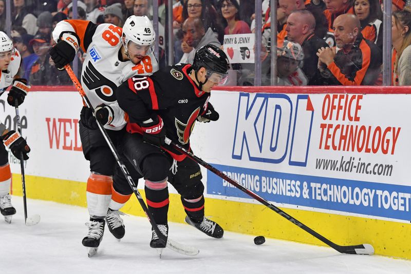 Mar 2, 2024; Philadelphia, Pennsylvania, USA; Philadelphia Flyers center Morgan Frost (48) and Ottawa Senators center Tim Stutzle (18) battle for the puck during the first period at Wells Fargo Center. Mandatory Credit: Eric Hartline-USA TODAY Sports