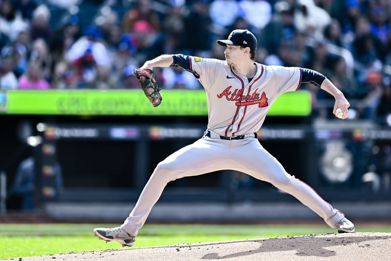 May 11, 2024; New York City, New York, USA; Atlanta Braves pitcher Max Fried (54) pitches against the New York Mets during the first inning at Citi Field. Mandatory Credit: John Jones-USA TODAY Sports