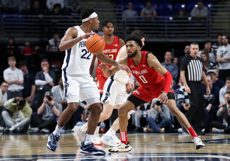 Mar 5, 2023; University Park, Pennsylvania, USA; Maryland Terrapins guard Don Carey (0) defends as Penn State Nittany Lions guard Jalen Pickett (22) dribbles the ball during the second half at Bryce Jordan Center. Mandatory Credit: Matthew OHaren-USA TODAY Sports