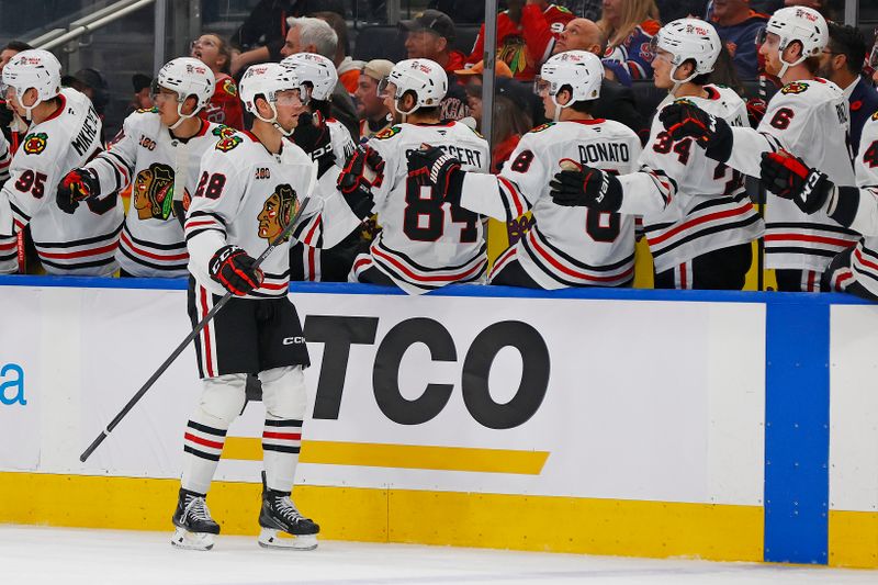 Nov 1, 2025; Edmonton, Alberta, CAN; The Chicago Blackhawks celebrate a goal scored by forward Andre Burakovsky (28) during the third period against the Edmonton Oilers at Rogers Place. Mandatory Credit: Perry Nelson-Imagn Images