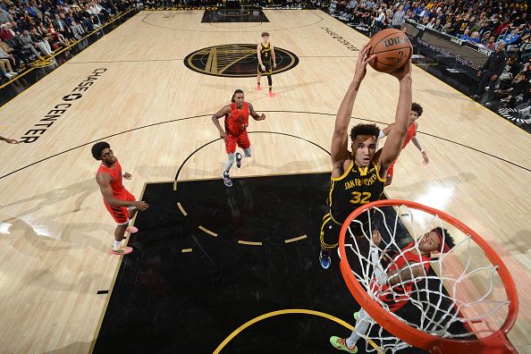 SAN FRANCISCO, CA - DECEMBER 23: Trayce Jackson-Davis #32 of the Golden State Warriors  dunks the ball during the game against the Portland Trail Blazers on December 23, 2023 at Chase Center in San Francisco, California. NOTE TO USER: User expressly acknowledges and agrees that, by downloading and or using this photograph, user is consenting to the terms and conditions of Getty Images License Agreement. Mandatory Copyright Notice: Copyright 2023 NBAE (Photo by Noah Graham/NBAE via Getty Images)