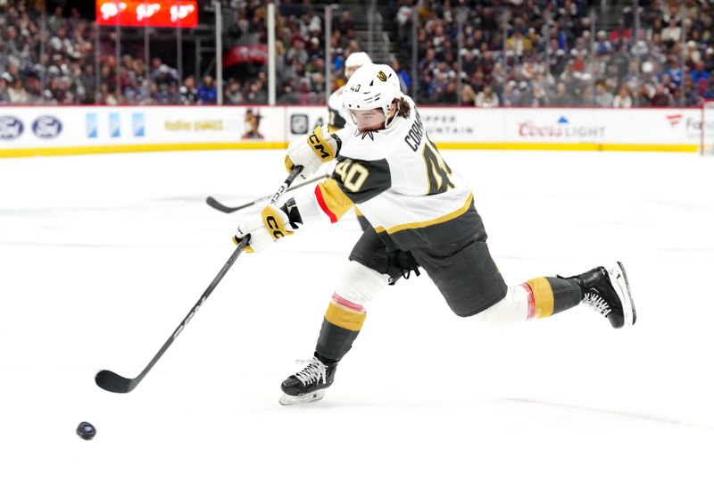 sJan 10, 2024; Denver, Colorado, USA; Vegas Golden Knights defenseman Lukas Cormier (40) shoots the puck in the first period against the Colorado Avalanche at Ball Arena. Mandatory Credit: Ron Chenoy-USA TODAY Sports