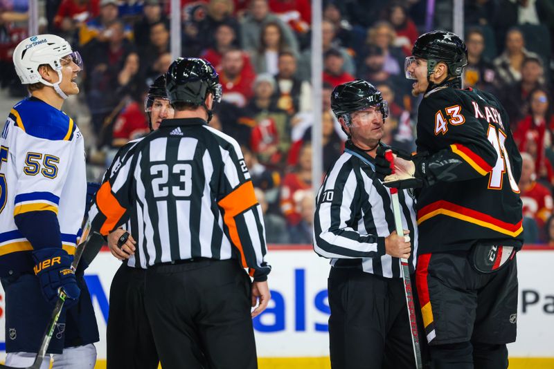 Jan 23, 2024; Calgary, Alberta, CAN; St. Louis Blues defenseman Colton Parayko (55) and Calgary Flames right wing Adam Klapka (43) gets into a scrum during the second period at Scotiabank Saddledome. Mandatory Credit: Sergei Belski-USA TODAY Sports