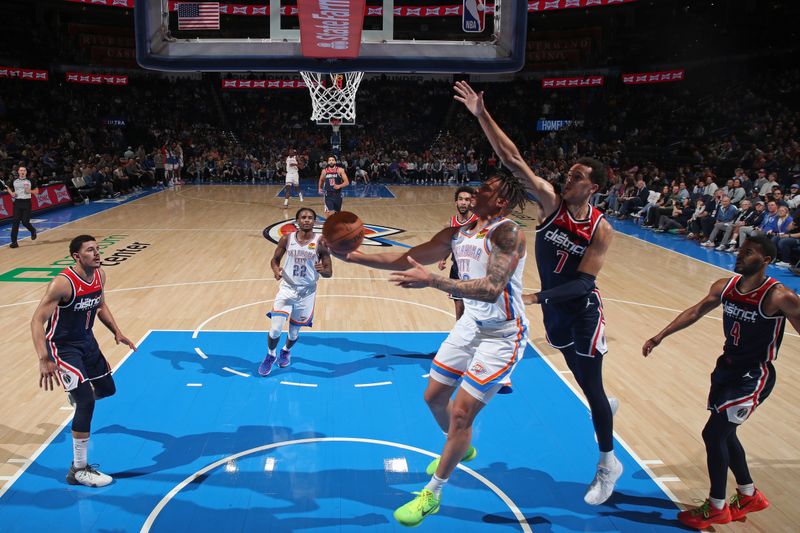 OKLAHOMA CITY, OK - FEBRUARY 23: Keyontae Johnson #18 of the Oklahoma City Thunder drives to the basket during the game against the Washington Wizards on February 23, 2024 at Paycom Arena in Oklahoma City, Oklahoma. NOTE TO USER: User expressly acknowledges and agrees that, by downloading and or using this photograph, User is consenting to the terms and conditions of the Getty Images License Agreement. Mandatory Copyright Notice: Copyright 2024 NBAE (Photo by Zach Beeker/NBAE via Getty Images)