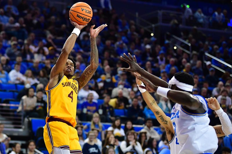 Mar 2, 2023; Los Angeles, California, USA; Arizona State Sun Devils guard Desmond Cambridge Jr. (4) shoots against the UCLA Bruins during the first half at Pauley Pavilion. Mandatory Credit: Gary A. Vasquez-USA TODAY Sports