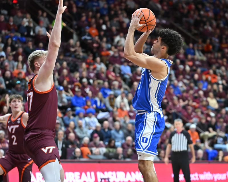 Jan 31, 2026; Blacksburg, Virginia, USA;  Duke Blue Devils guard Cayden Boozer (2) shoots a shot defended by Virginia Tech Hokies center Antonio Dorn (77) during the first half at Cassell Coliseum. Mandatory Credit: Brian Bishop-Imagn Images