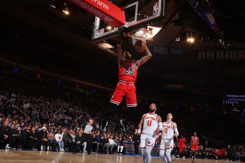 NEW YORK, NY - JANUARY 3: Dalen Terry #25 of the Chicago Bulls dunks the ball during the game against the New York Knicks on January 3, 2024 at Madison Square Garden in New York City, New York.  NOTE TO USER: User expressly acknowledges and agrees that, by downloading and or using this photograph, User is consenting to the terms and conditions of the Getty Images License Agreement. Mandatory Copyright Notice: Copyright 2024 NBAE  (Photo by Nathaniel S. Butler/NBAE via Getty Images)