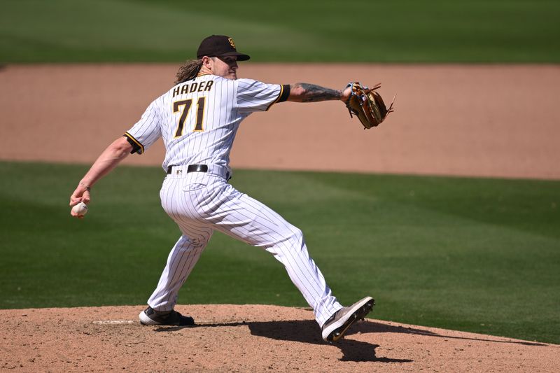 Apr 19, 2023; San Diego, California, USA; San Diego Padres relief pitcher Josh Hader (71) throws a pitch against the Atlanta Braves during the ninth inning at Petco Park. Mandatory Credit: Orlando Ramirez-USA TODAY Sports