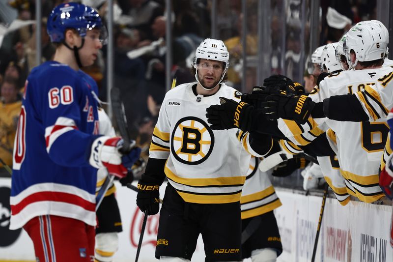 Jan 10, 2026; Boston, Massachusetts, USA; Boston Bruins center Pavel Zacha (18) is congratulated after scoring his third goal of the game during the second period against the New York Rangers at TD Garden. Mandatory Credit: Winslow Townson-Imagn Images