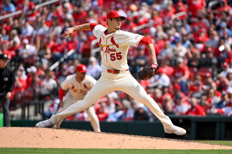 Apr 26, 2025; St. Louis, Missouri, USA;  St. Louis Cardinals relief pitcher Riley O'Brien (55) pitches against the Milwaukee Brewers during the seventh inning at Busch Stadium. Mandatory Credit: Jeff Curry-Imagn Images