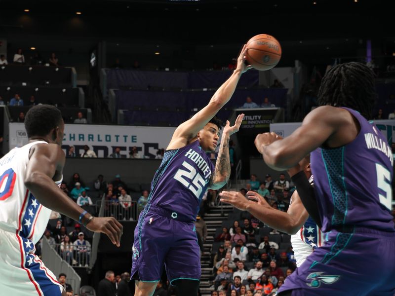 CHARLOTTE, NC - DECEMBER 3: KJ Simpson #25 of the Charlotte Hornets passes the ball during the game against the Philadelphia 76ers during an NBA Emirates Cup game on December 3, 2024 at Spectrum Center in Charlotte, North Carolina. NOTE TO USER: User expressly acknowledges and agrees that, by downloading and or using this photograph, User is consenting to the terms and conditions of the Getty Images License Agreement. Mandatory Copyright Notice: Copyright 2024 NBAE (Photo by Kent Smith/NBAE via Getty Images)