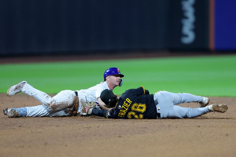 May 14, 2025; New York City, New York, USA; New York Mets first baseman Pete Alonso (20) reacts after being tagged out by Pittsburgh Pirates second baseman Adam Frazier (26) trying to stretch a single into a double during the fifth inning at Citi Field. Mandatory Credit: Brad Penner-Imagn Images