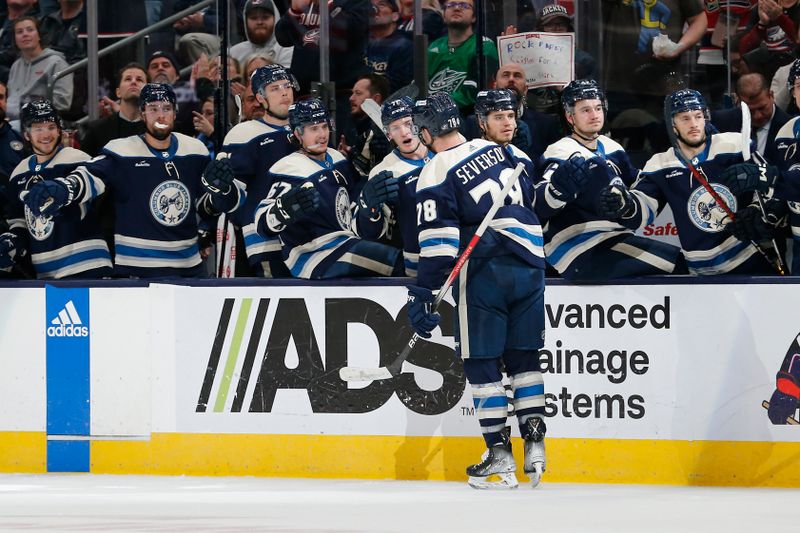 Apr 6, 2024; Columbus, Ohio, USA; Columbus Blue Jackets defenseman Damon Severson (78) celebrates his goal against the Philadelphia Flyers during the first period at Nationwide Arena. Mandatory Credit: Russell LaBounty-USA TODAY Sports