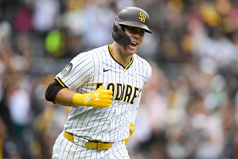 May 28, 2025; San Diego, California, USA; San Diego Padres first baseman Gavin Sheets (30) rounds the bases after hitting a two-run home run during the seventh inning against the Miami Marlins at Petco Park. Mandatory Credit: Denis Poroy-Imagn Images