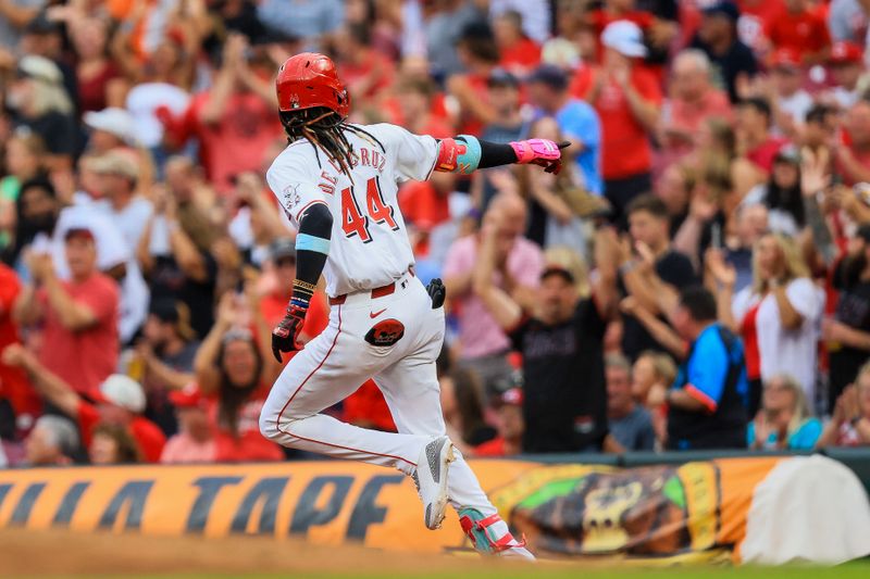 Aug 12, 2024; Cincinnati, Ohio, USA; Cincinnati Reds shortstop Elly De La Cruz (44) runs the bases after hitting a solo home run in the third inning against the St. Louis Cardinals at Great American Ball Park. Mandatory Credit: Katie Stratman-USA TODAY Sports