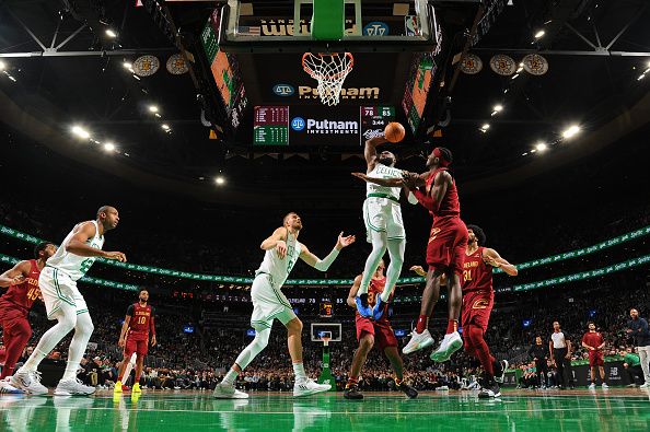 BOSTON, MA - DECEMBER 14: Jaylen Brown #7 of the Boston Celtics dunks the ball during the game against the Cleveland Cavaliers on December 14, 2023 at the TD Garden in Boston, Massachusetts. NOTE TO USER: User expressly acknowledges and agrees that, by downloading and or using this photograph, User is consenting to the terms and conditions of the Getty Images License Agreement. Mandatory Copyright Notice: Copyright 2023 NBAE  (Photo by Brian Babineau/NBAE via Getty Images)