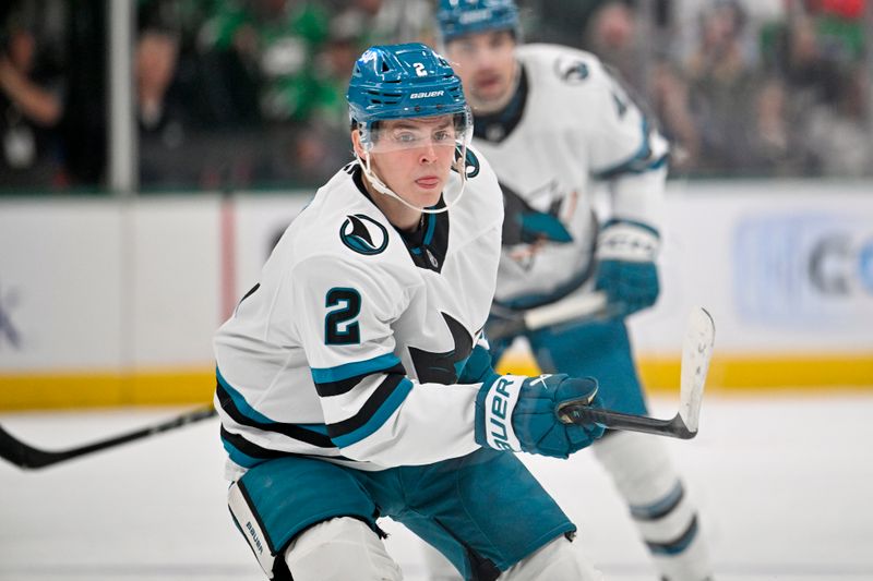 Nov 20, 2024; Dallas, Texas, USA; San Jose Sharks center Will Smith (2) skates skates against the Dallas Stars during the third period at the American Airlines Center. Mandatory Credit: Jerome Miron-Imagn Images