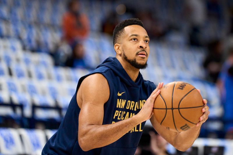 OKLAHOMA CITY, OKLAHOMA - APRIL 21: CJ McCollum #3 of the New Orleans Pelicans warms up before tipoff against the Oklahoma City Thunder in game one of the Western Conference First Round Playoffs at the Paycom Center on April 21, 2024 in Oklahoma City, Oklahoma. NOTE TO USER: User expressly acknowledges and agrees that, by downloading and or using this photograph, User is consenting to the terms and conditions of the Getty Images License Agreement.  (Photo by Cooper Neill/Getty Images)