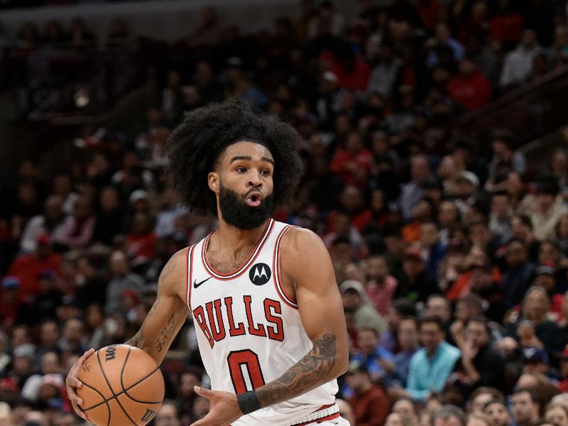 CHICAGO, ILLINOIS - JANUARY 10:  Coby White #0 of the Chicago Bulls controls the ball against the Houston Rockets on January 10, 2024 at United Center in Chicago, Illinois.  NOTE TO USER: User expressly acknowledges and agrees that, by downloading and or using this photograph, User is consenting to the terms and conditions of the Getty Images License Agreement.  (Photo by Jamie Sabau/Getty Images)