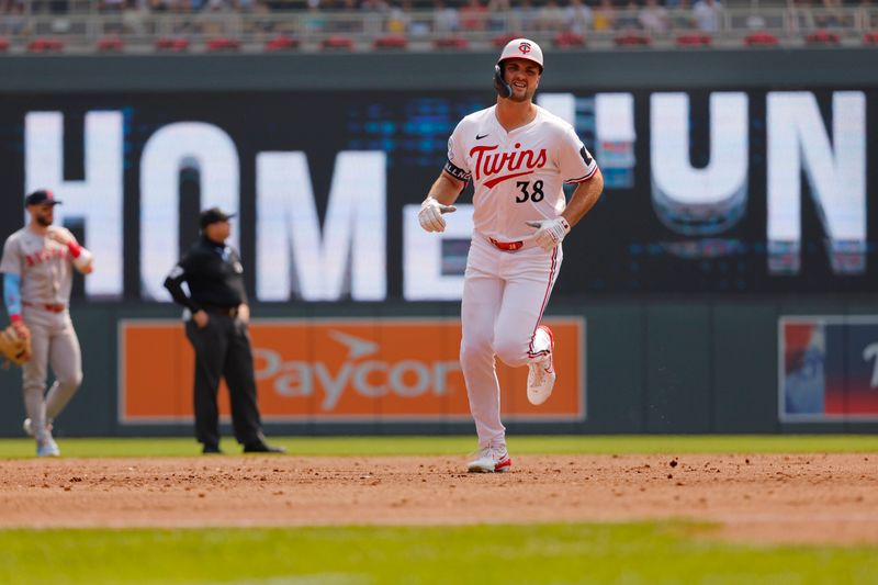 Jul 30, 2025; Minneapolis, Minnesota, USA; Minnesota Twins right fielder Matt Wallner (38) runs the bases on his solo home run against the Boston Red Sox in the second inning at Target Field. Mandatory Credit: Bruce Kluckhohn-Imagn Images