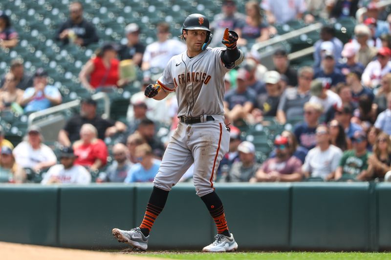 May 24, 2023; Minneapolis, Minnesota, USA; San Francisco Giants third baseman Casey Schmitt (6) celebrates his RBI single against the Minnesota Twins during the second inning at Target Field. Mandatory Credit: Matt Krohn-USA TODAY Sports