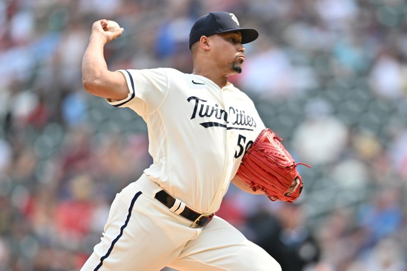 Aug 20, 2023; Minneapolis, Minnesota, USA; Minnesota Twins relief pitcher Jhoan Duran (59) throws a pitch against the Pittsburgh Pirates during the ninth inning at Target Field. Mandatory Credit: Jeffrey Becker-USA TODAY Sports